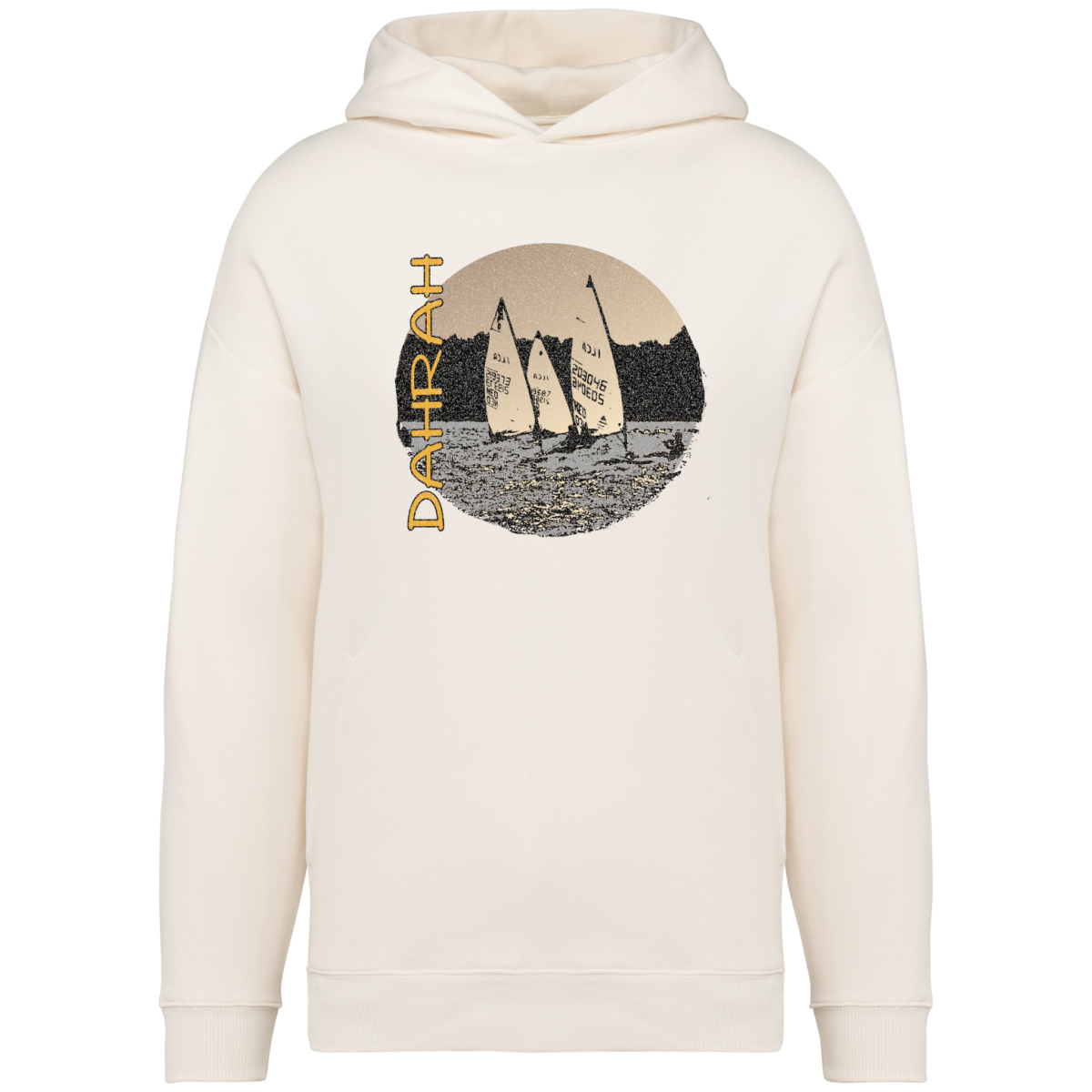 Beautiful high quality organic hoodie with print of three Laser sailboats.