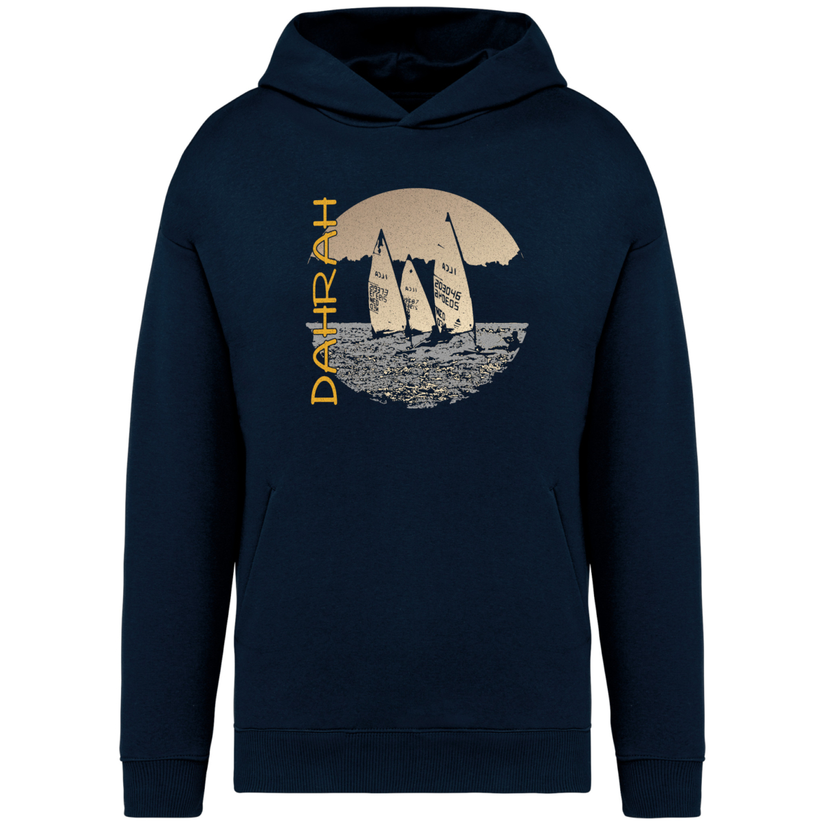 Beautiful high quality organic hoodie with print of three Laser sailboats.