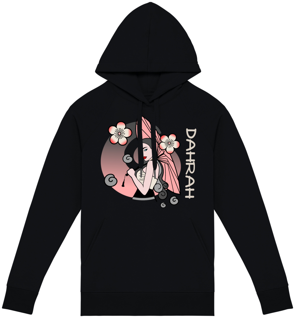 Beautiful high quality organic hoodie with print of a girl with umbrella and cherry blossoms.