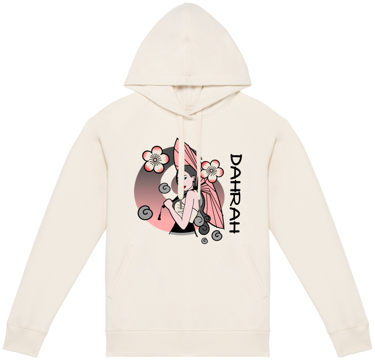 Beautiful high quality organic hoodie with print of a girl with umbrella and cherry blossoms.