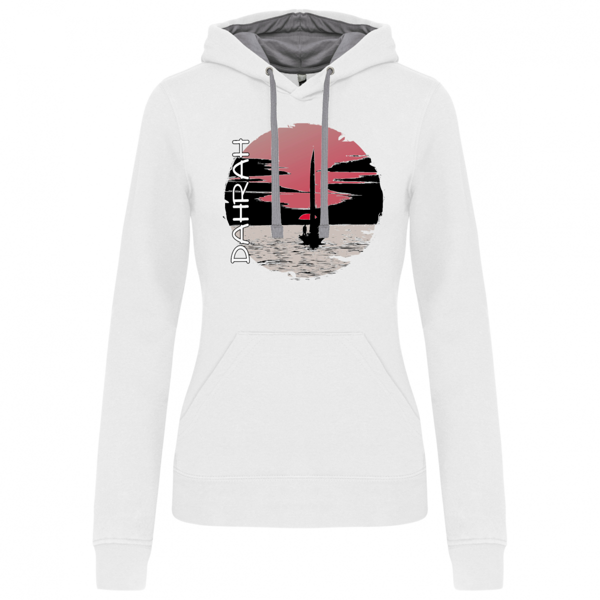 Beautiful high quality organic hoodie with print of a sailboat at sunrise.