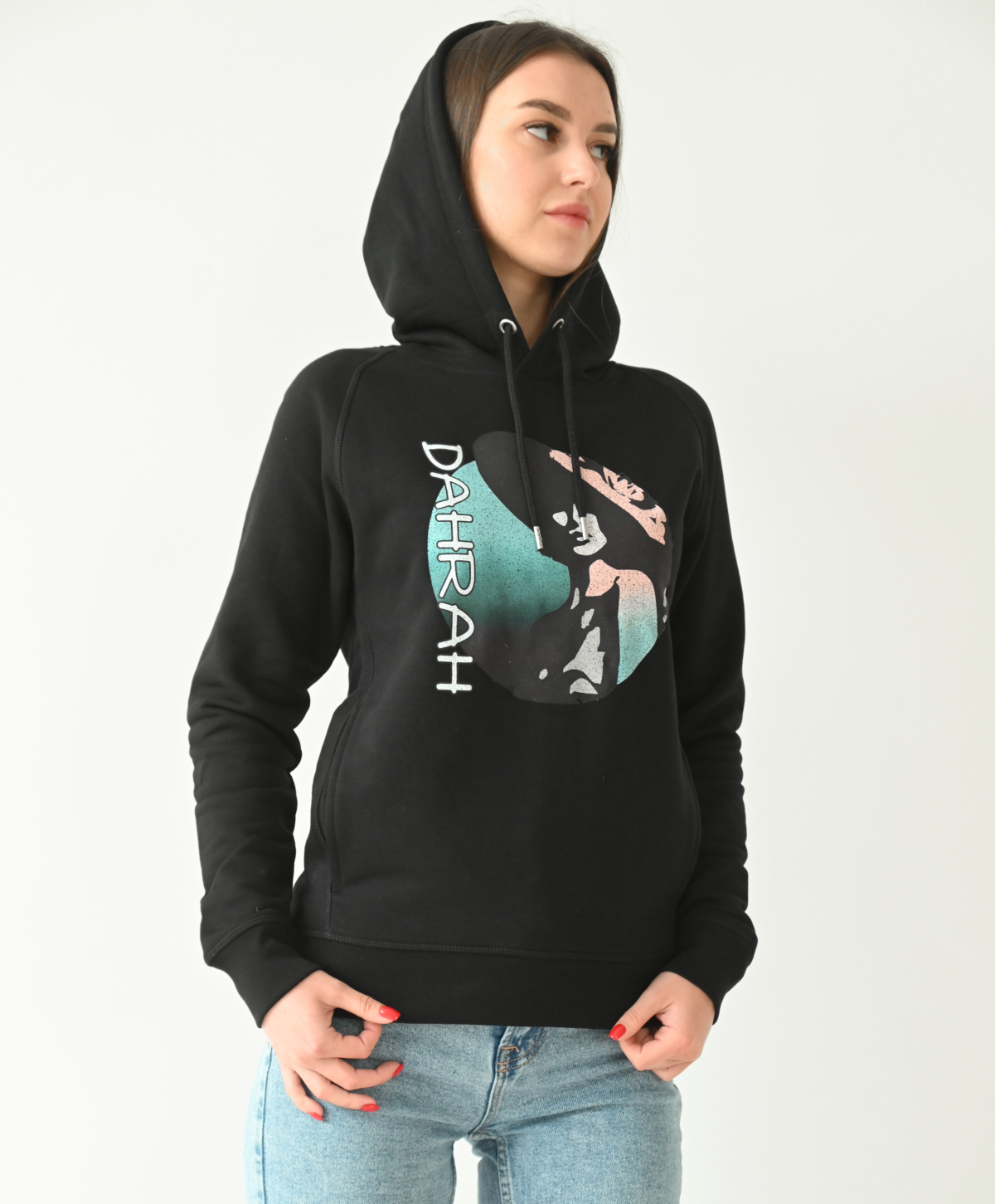 Beautiful high quality organic hoodie with print of a charming lady with a hat.