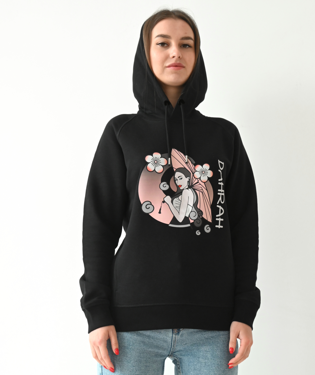 Beautiful high quality organic hoodie with print of a girl with umbrella and cherry blossoms.