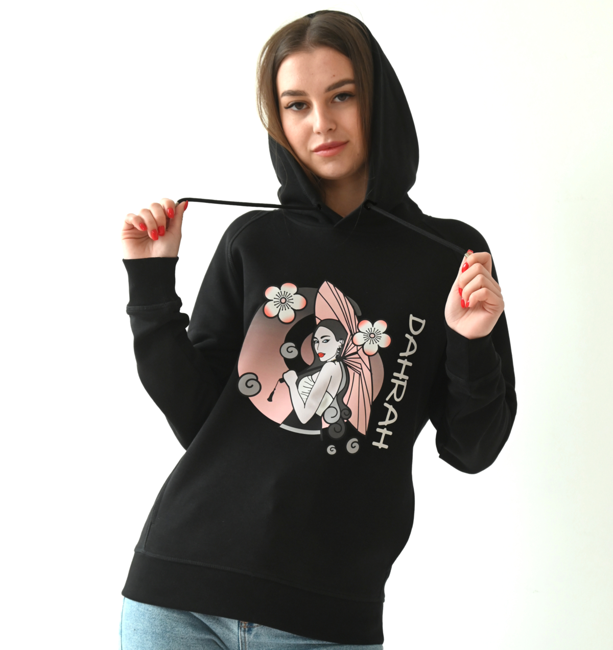 Beautiful high quality organic hoodie with print of a girl with umbrella and cherry blossoms.