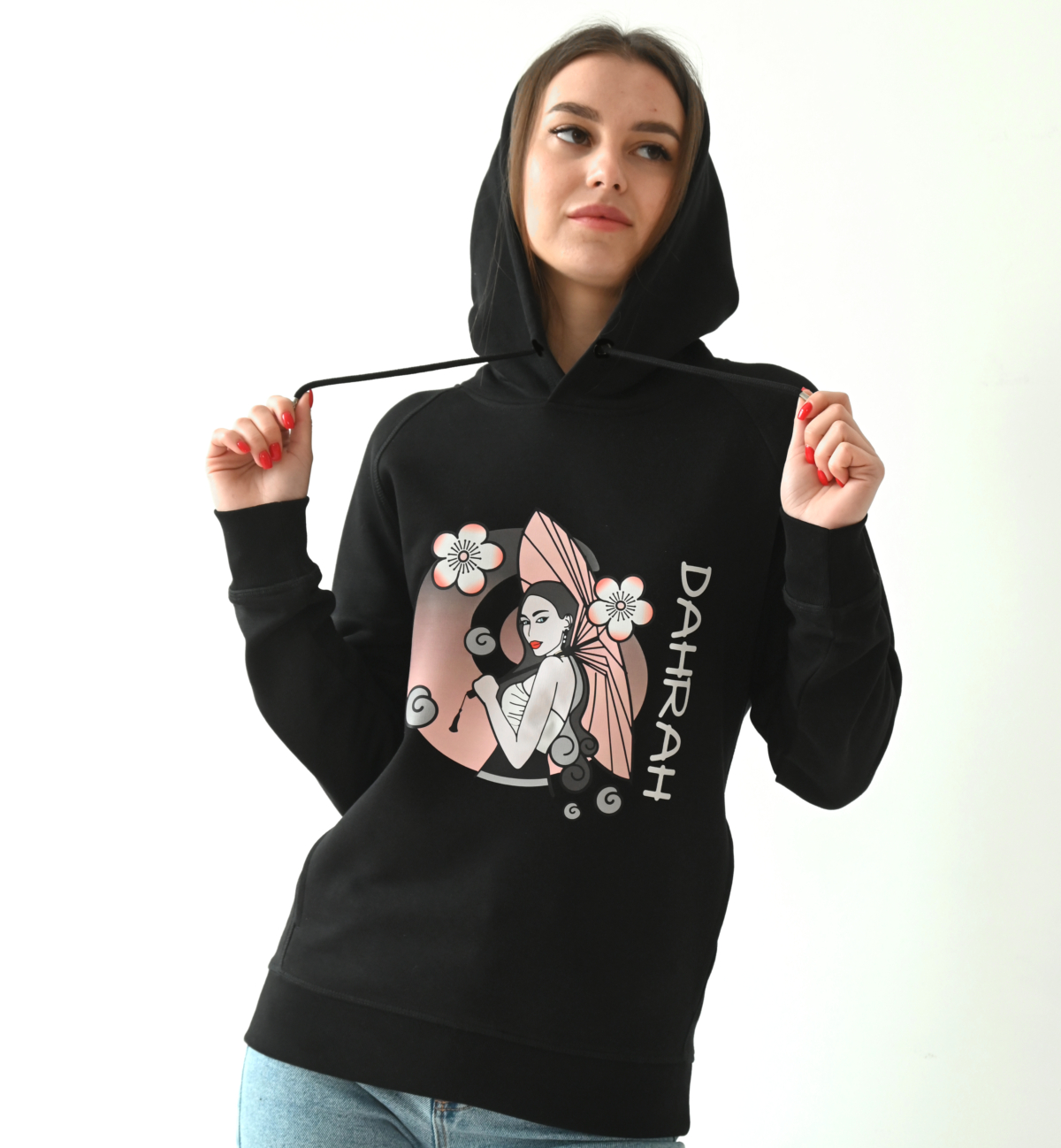 Beautiful high quality organic hoodie with print of a girl with umbrella and cherry blossoms.