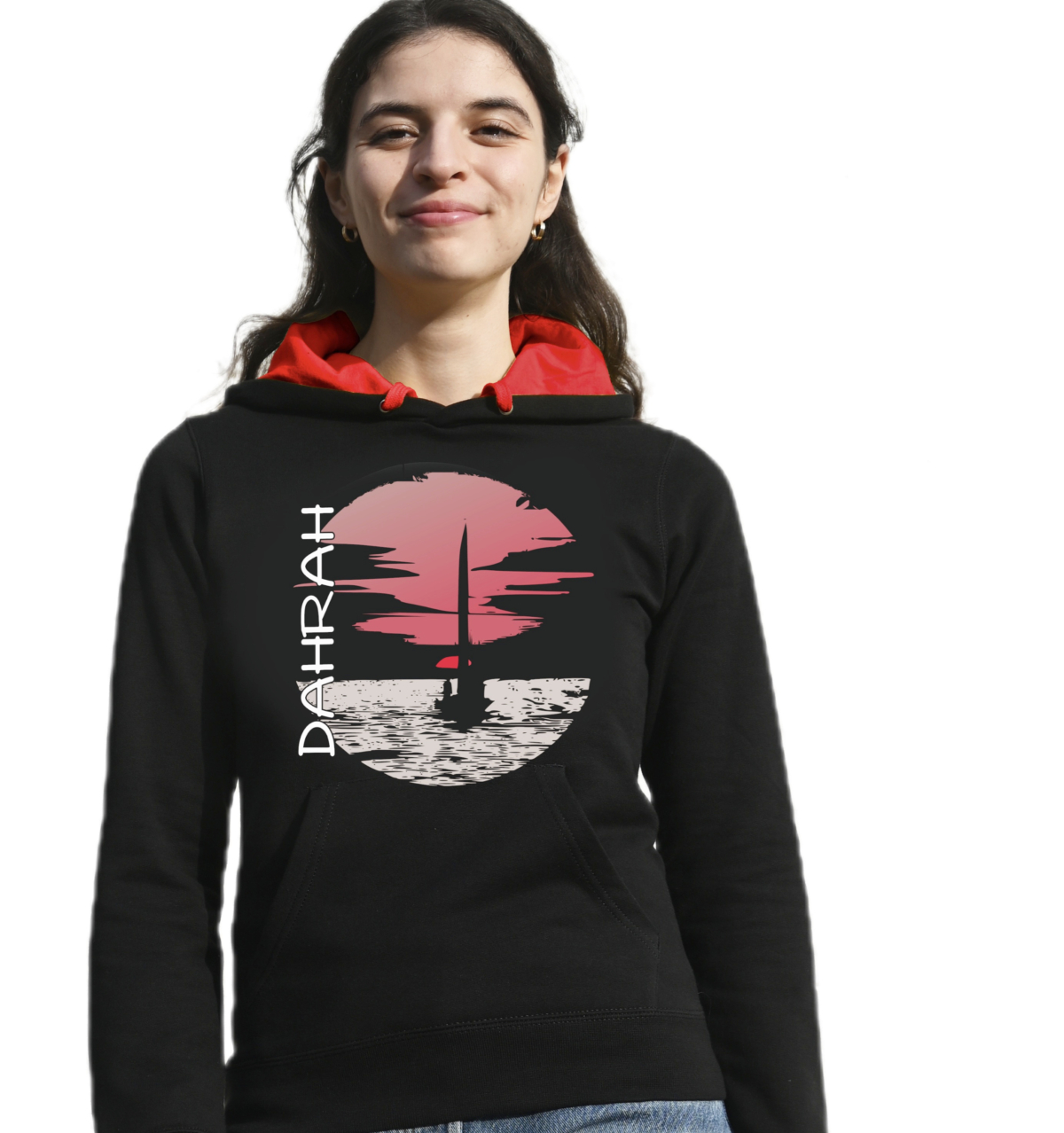 Beautiful high quality organic hoodie with print of a sailboat at sunrise.