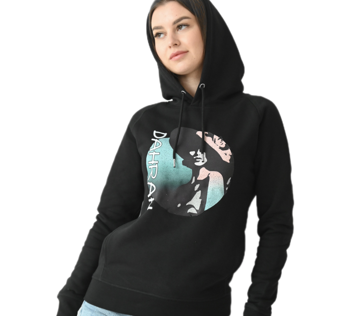 Beautiful high quality organic hoodie with print of a charming lady with a hat.