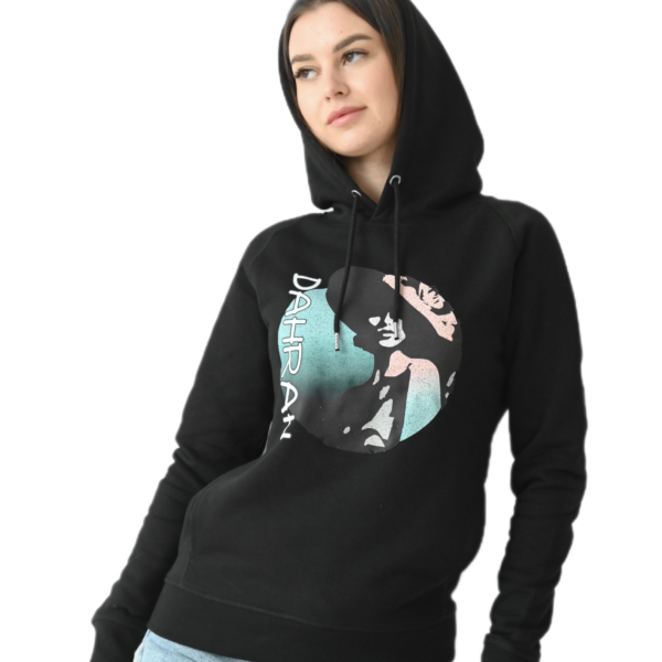 Beautiful high quality organic hoodie with print of a charming lady with a hat.