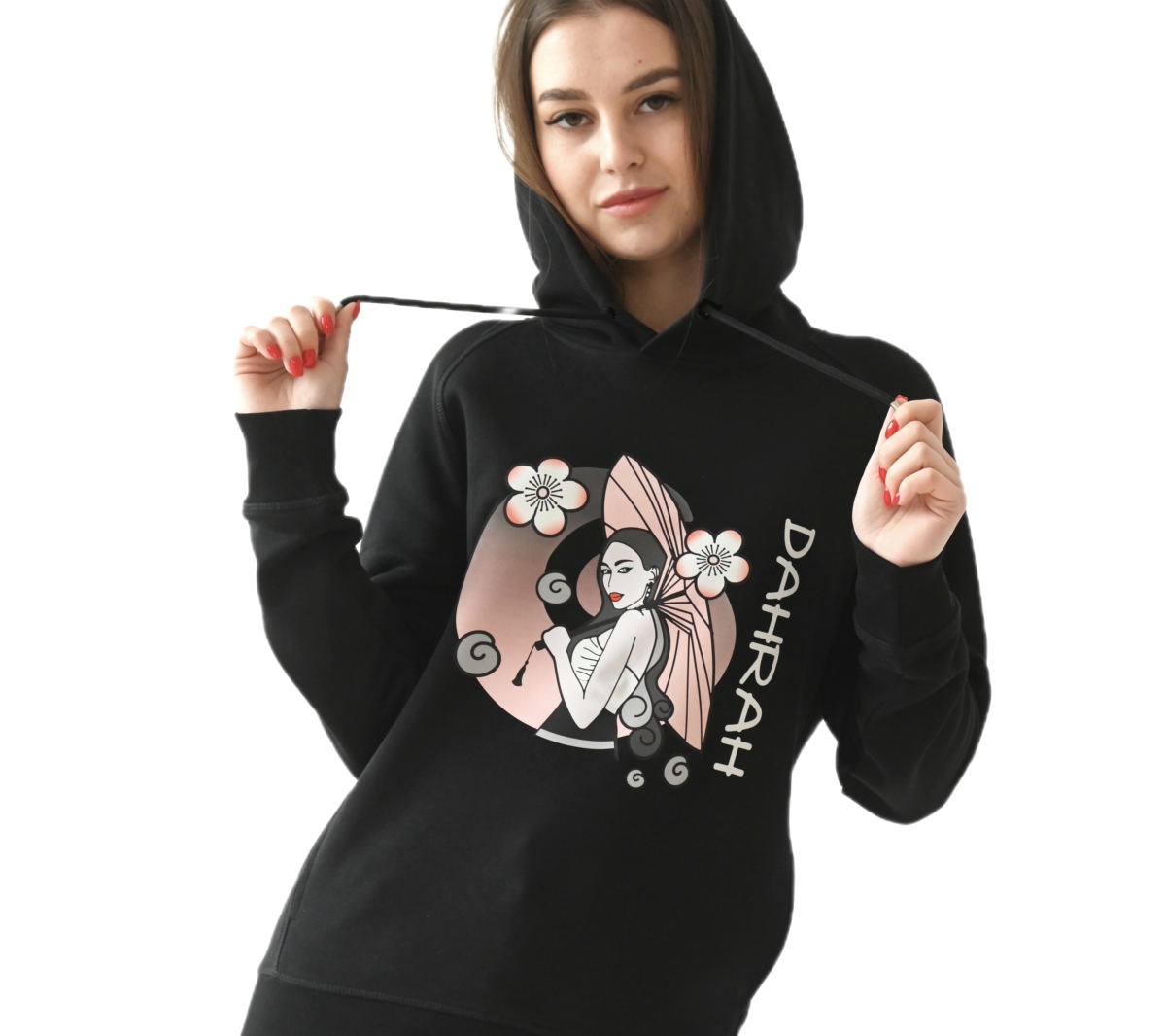 Beautiful high quality organic hoodie with print of a girl with umbrella and cherry blossoms.