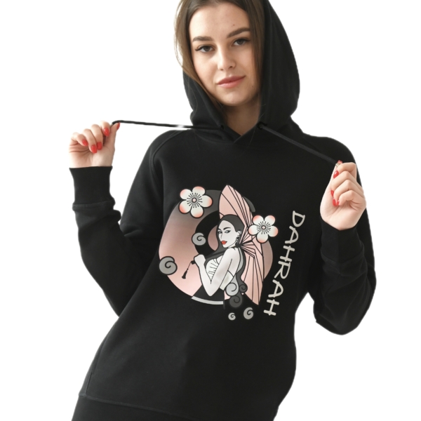 Beautiful high quality organic hoodie with print of a girl with umbrella and cherry blossoms.