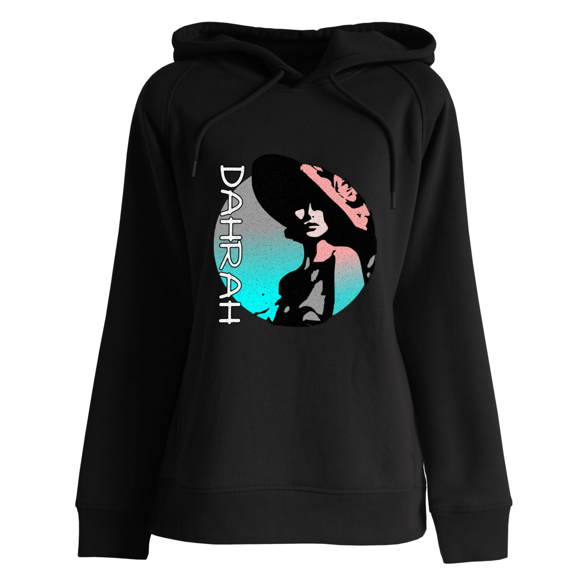 Beautiful high quality organic hoodie with print of a charming lady with a hat.