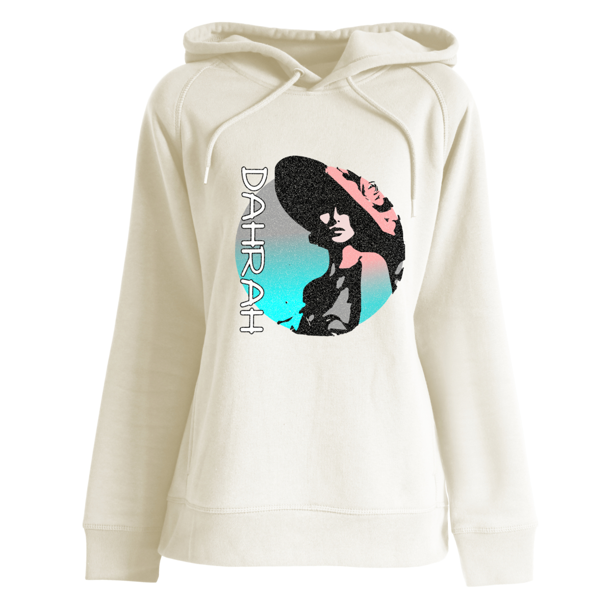 Beautiful high quality organic hoodie with print of a charming lady with a hat.