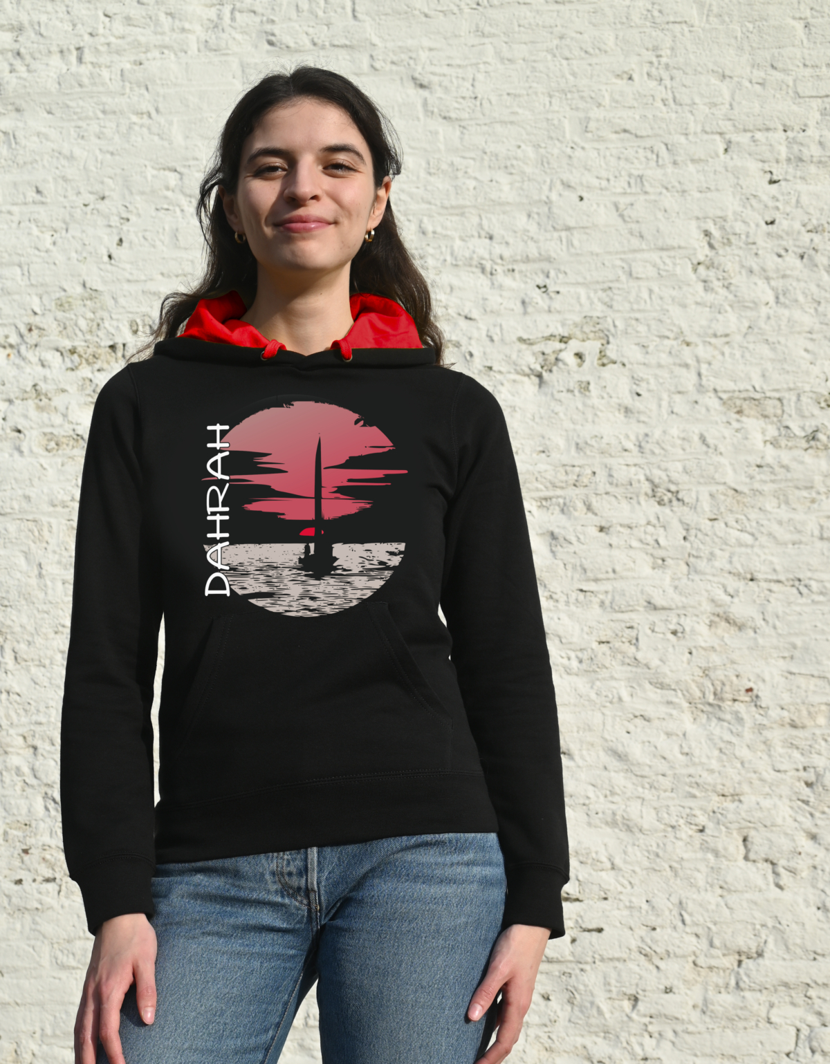 Beautiful high quality organic hoodie with print of a sailboat at sunrise.