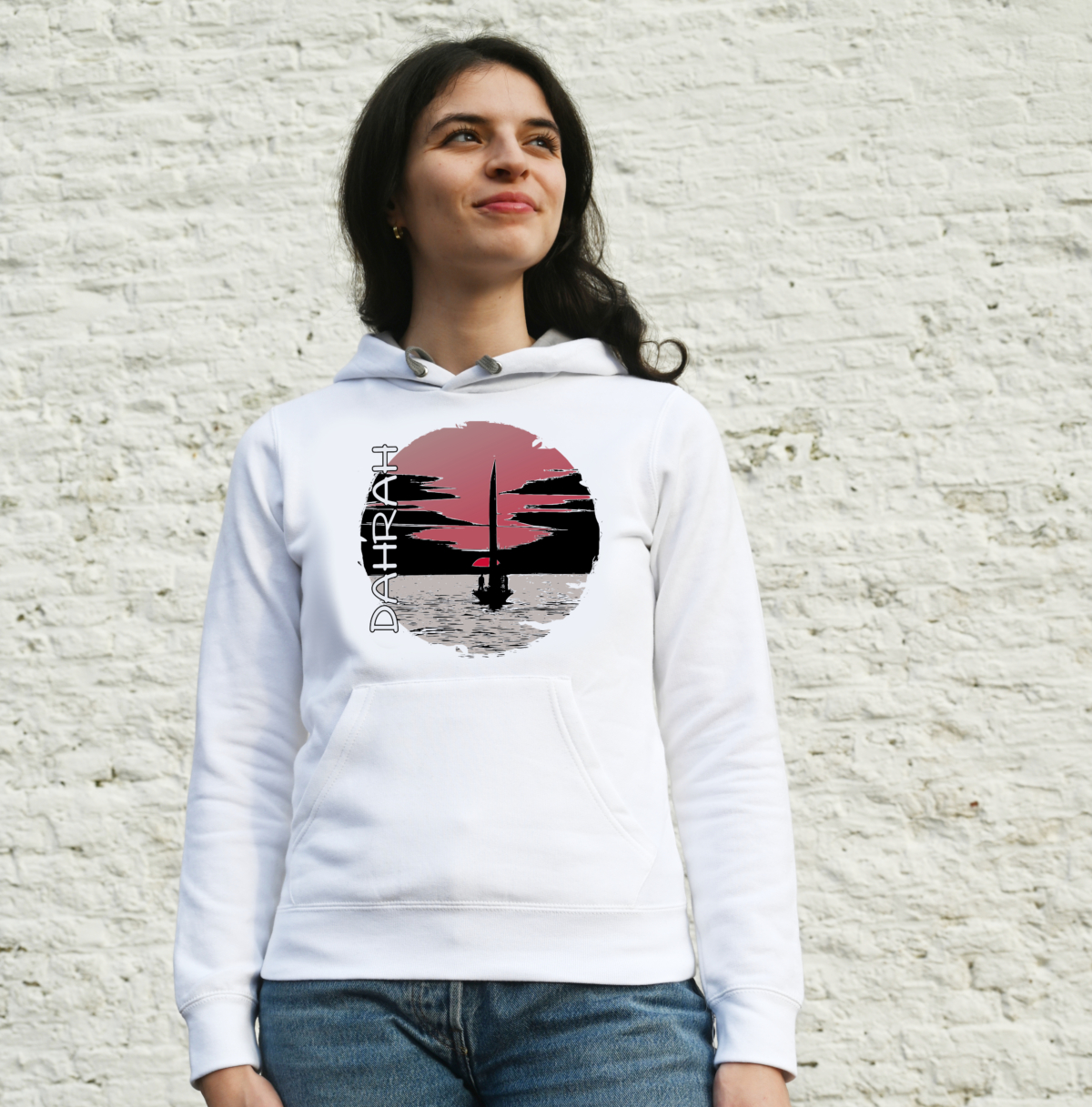 Beautiful high quality organic hoodie with print of a sailboat at sunrise.