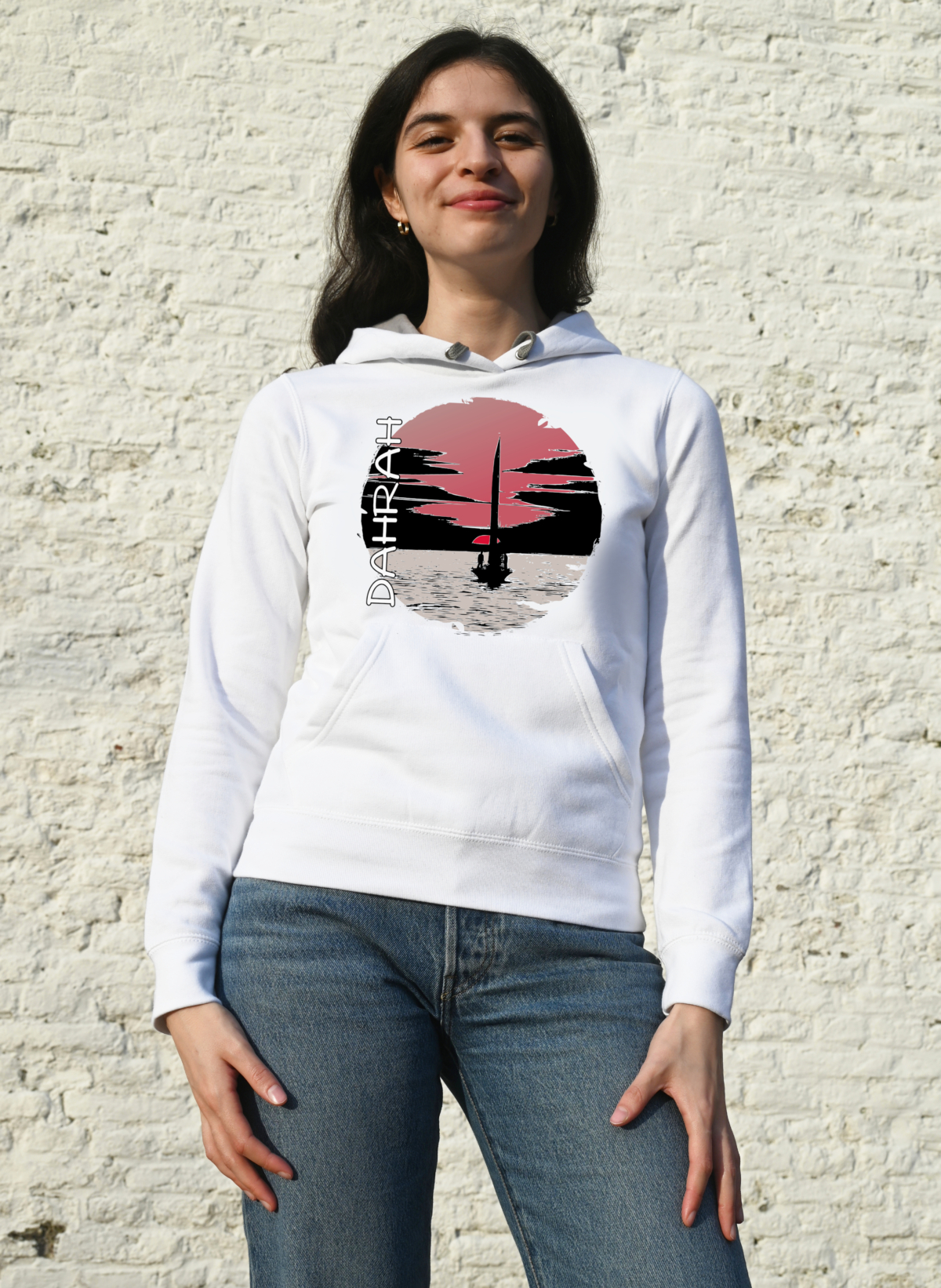 Beautiful high quality organic hoodie with print of a sailboat at sunrise.