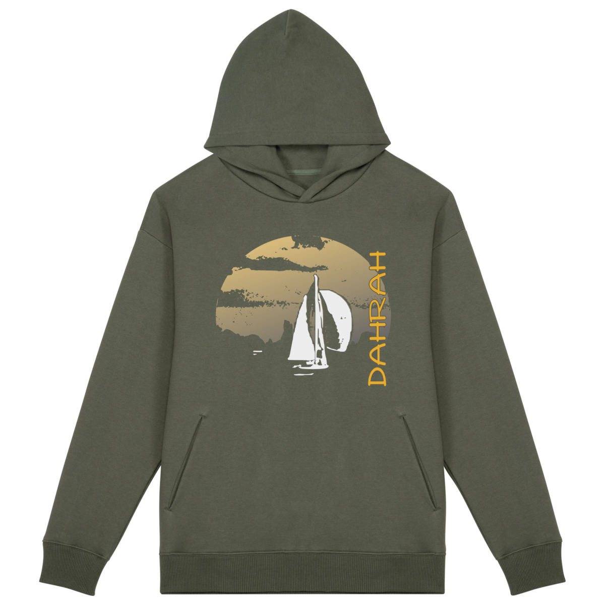 High quality oversized hoodie with print of a sailboat.