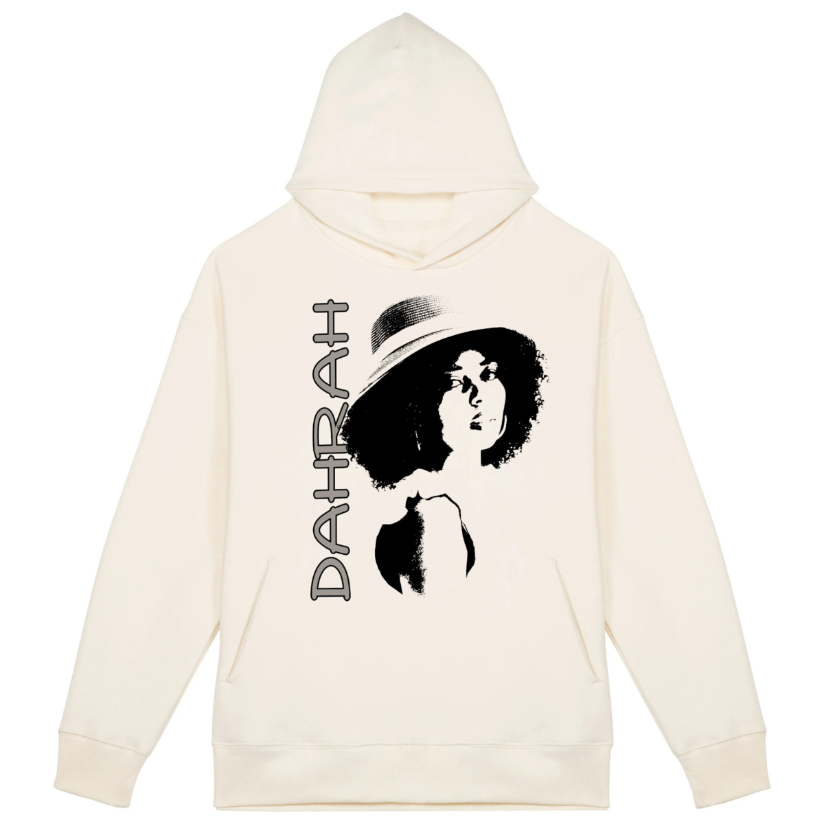 High quality oversized hoodie with print of a girl charming girl wearing a hat.