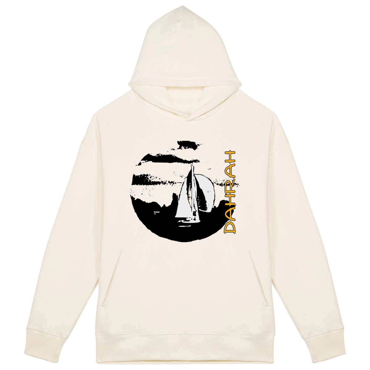 High quality oversized hoodie with print of a sailboat.