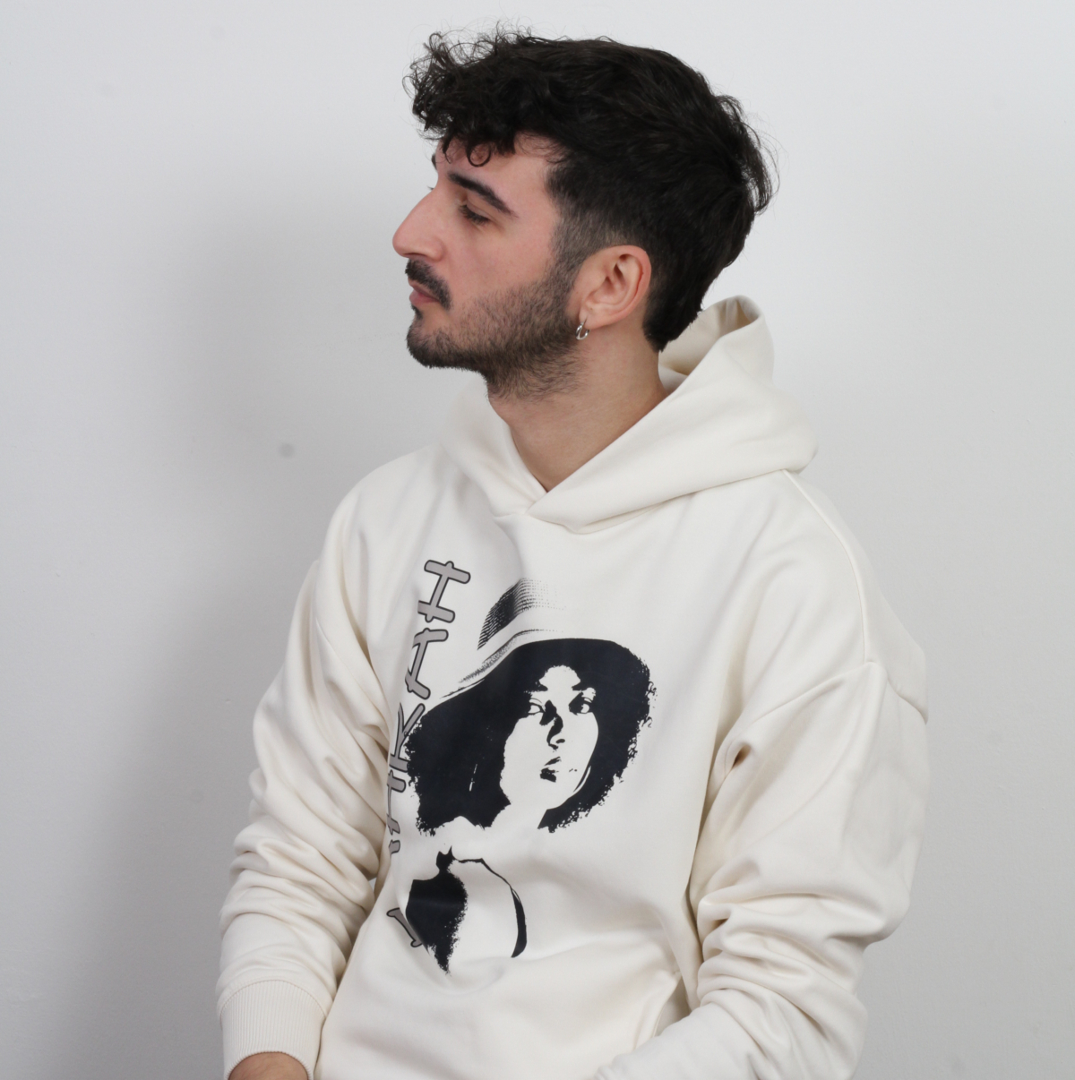 High quality oversized hoodie with print of a girl charming girl wearing a hat.