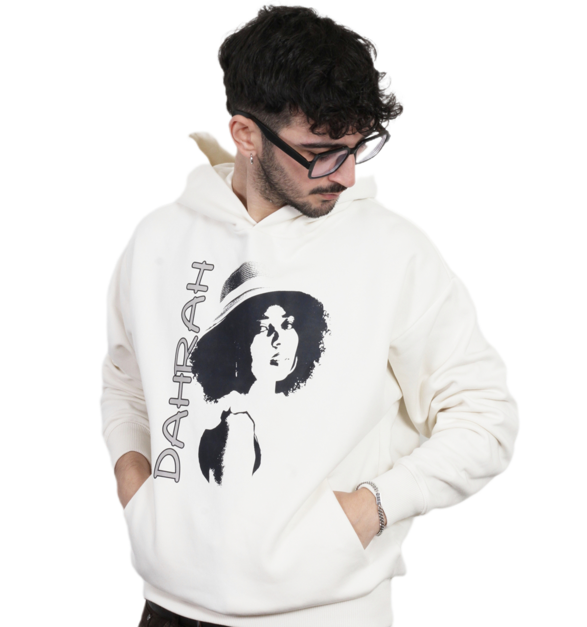 High quality oversized hoodie with print of a girl charming girl wearing a hat.