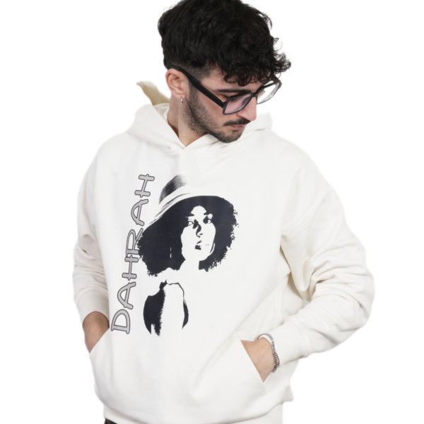 High quality oversized hoodie with print of a girl charming girl wearing a hat.