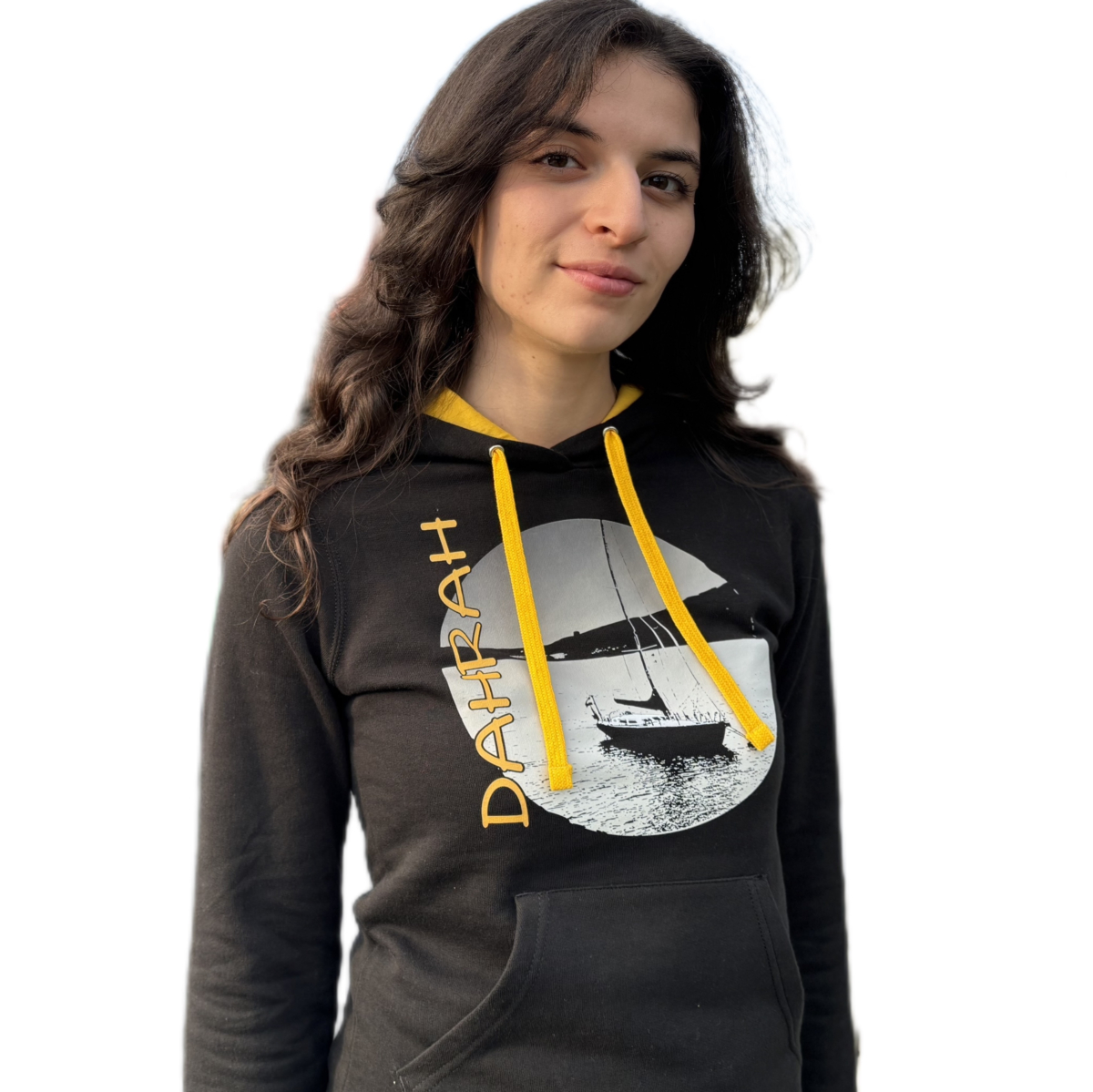 Beautiful organic hoodie with print of a sailboat.