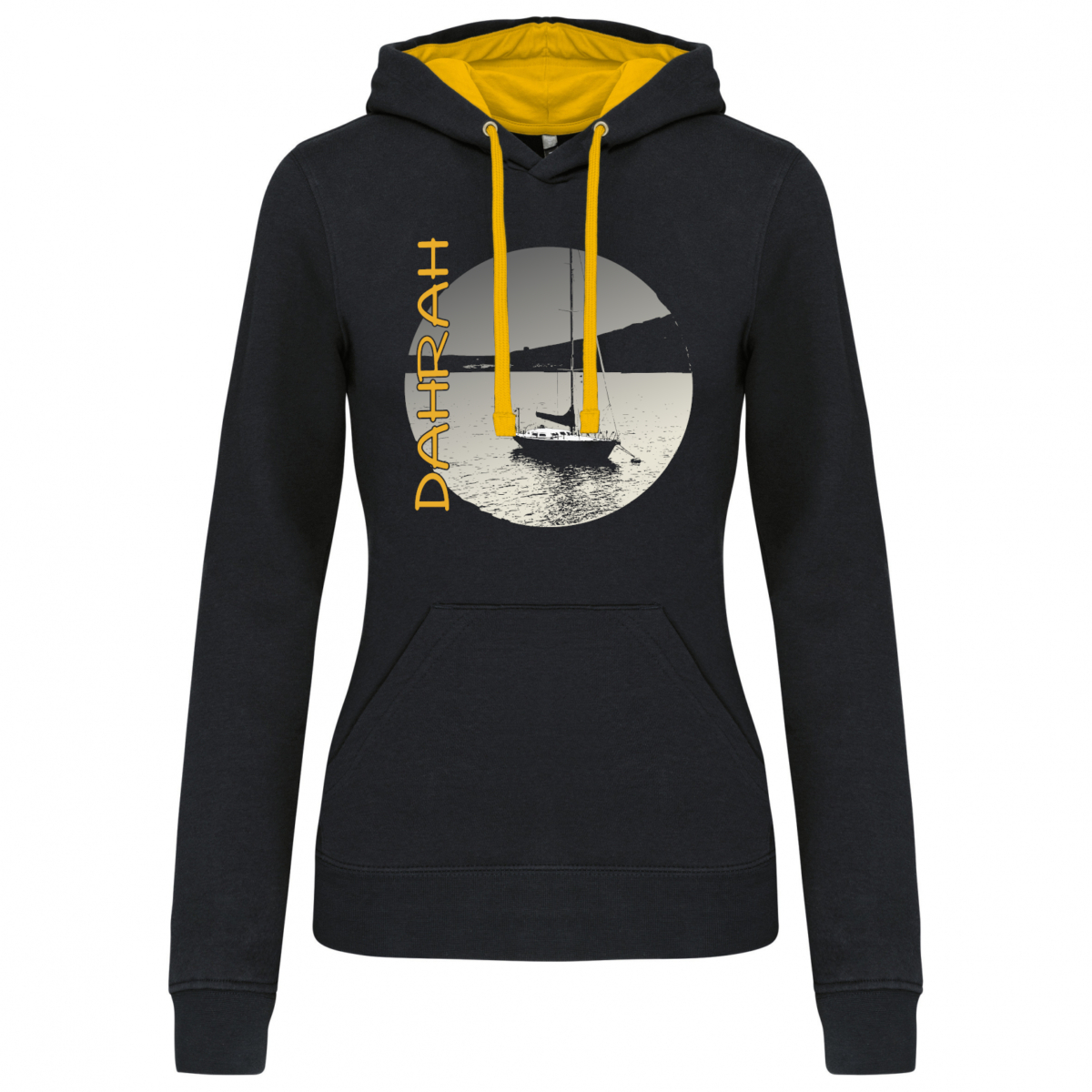 Beautiful organic hoodie with print of a sailboat.