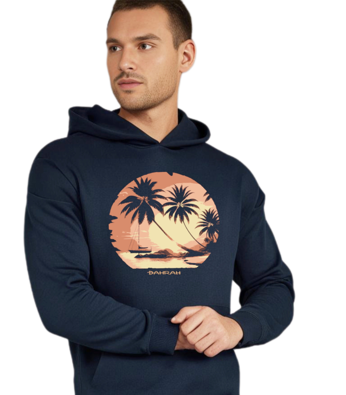 Dahrah Darah High quality oversized hoodie with print of tropical sunset with a sailboat.