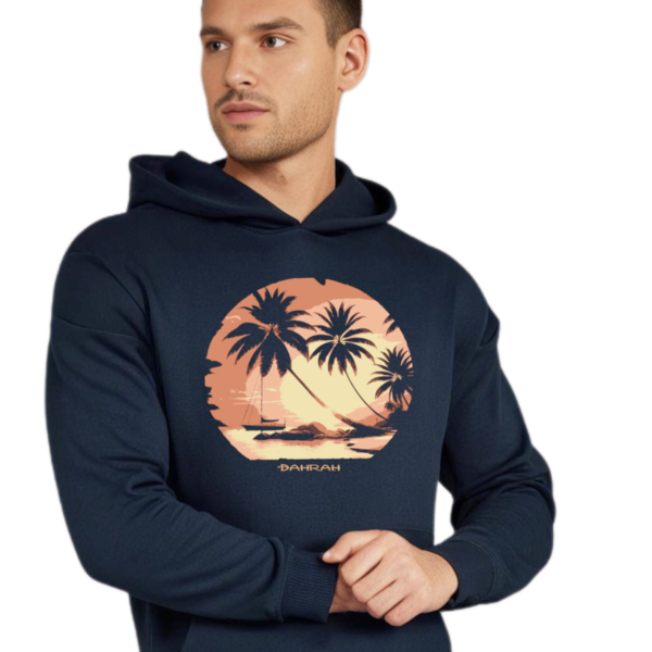 Dahrah Darah High quality oversized hoodie with print of tropical sunset with a sailboat.