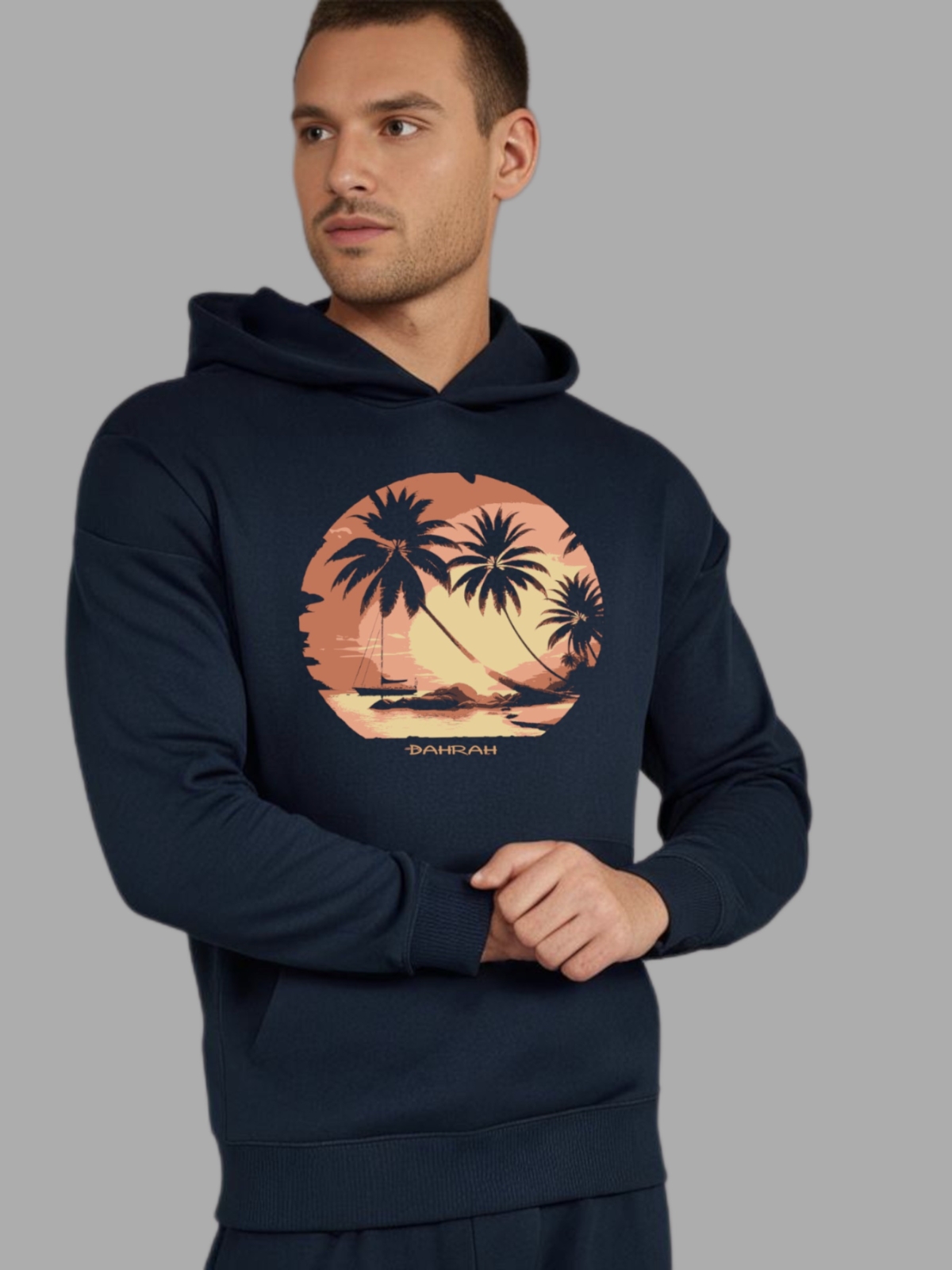 Dahrah Darah High quality oversized hoodie with print of tropical sunset with a sailboat.