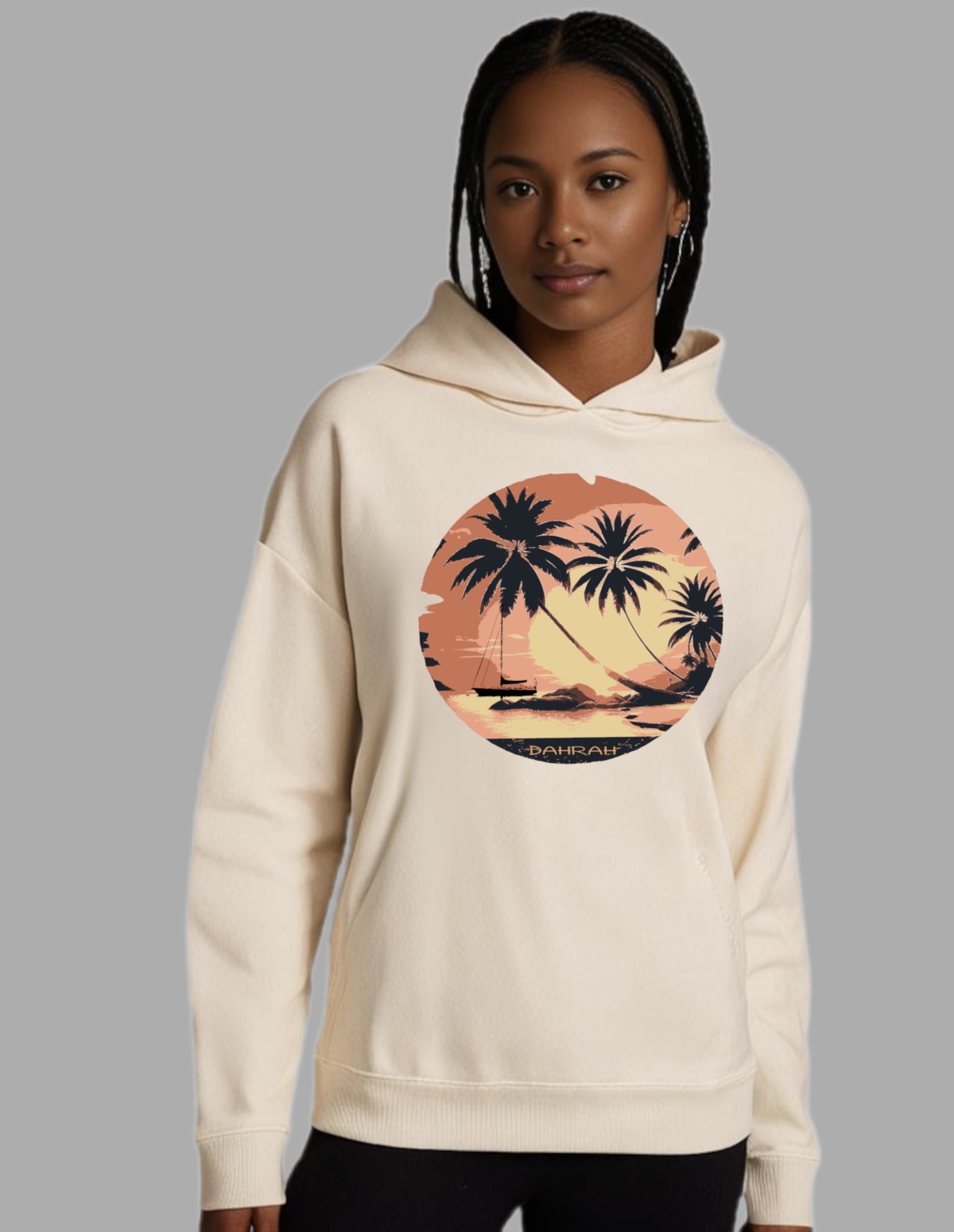 Dahrah Darah High quality oversized hoodie with print of tropical sunset with a sailboat.