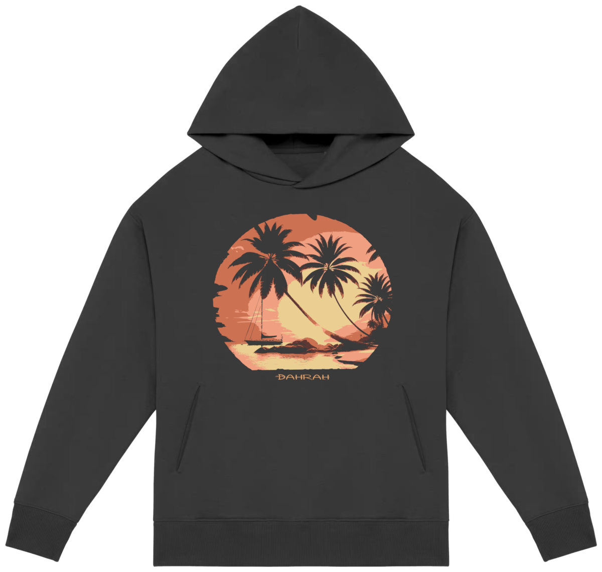 Dahrah Darah High quality oversized hoodie with print of tropical sunset with a sailboat.