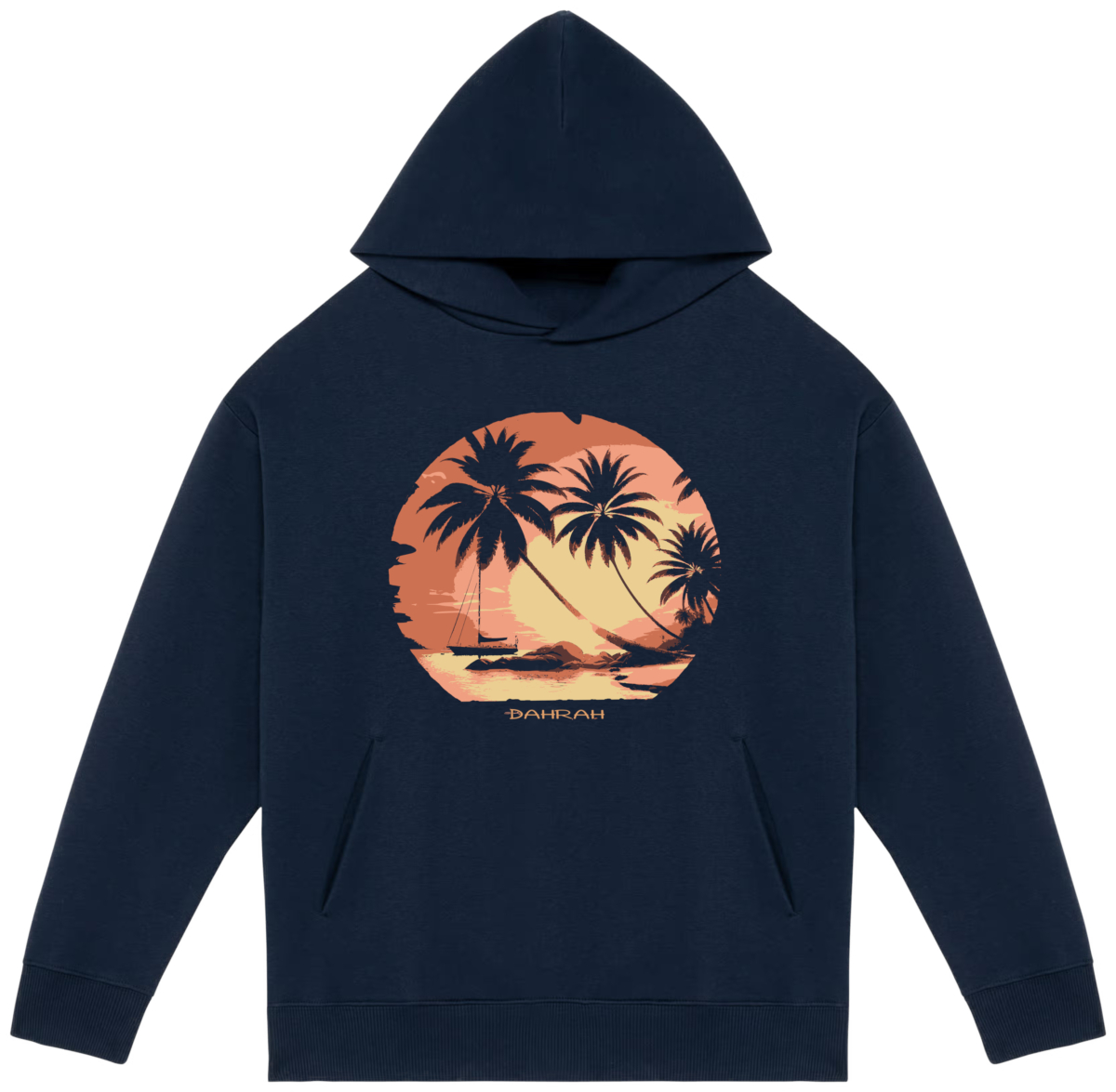 Dahrah Darah High quality oversized hoodie with print of tropical sunset with a sailboat.