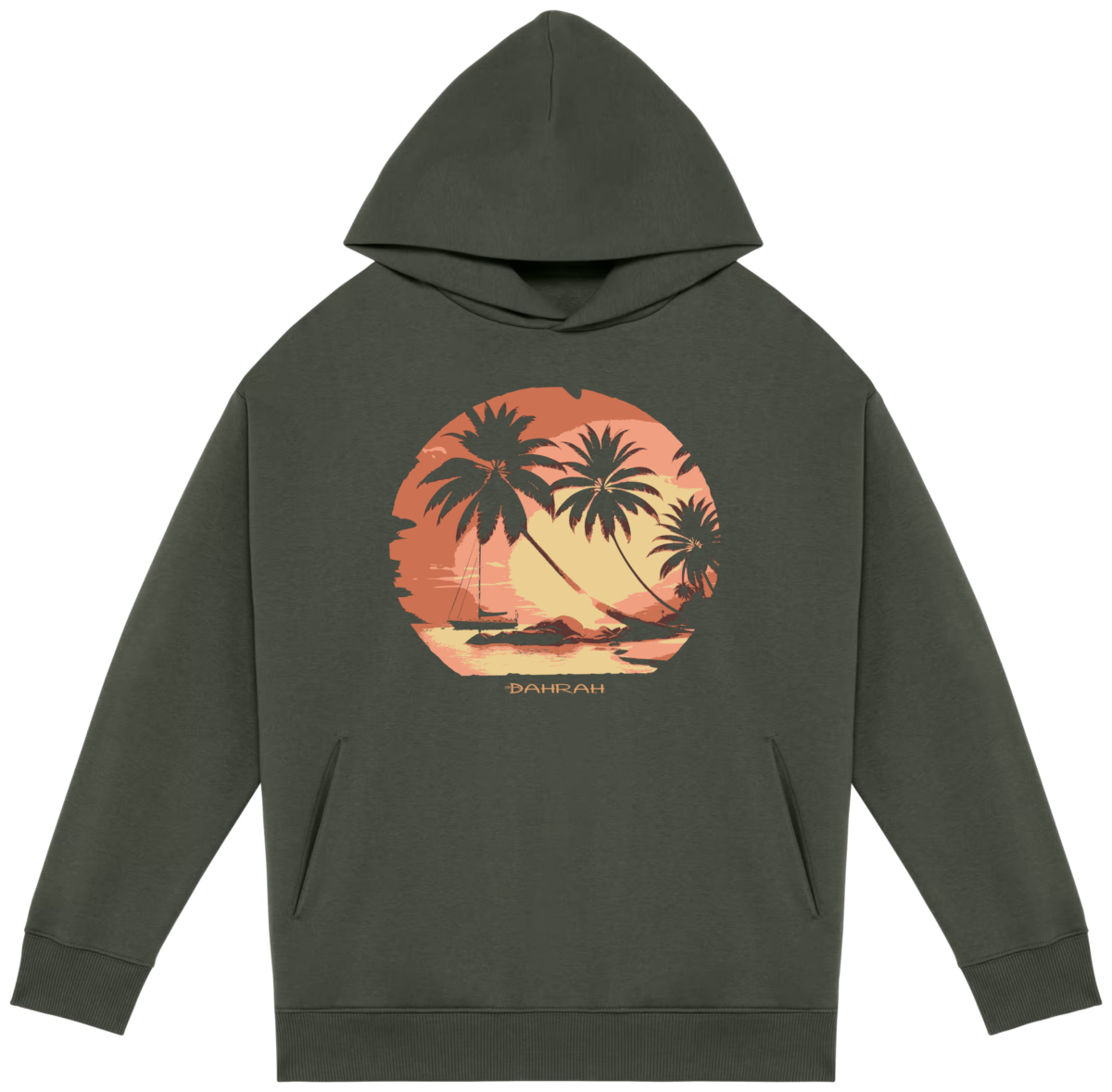 Dahrah Darah High quality oversized hoodie with print of tropical sunset with a sailboat.