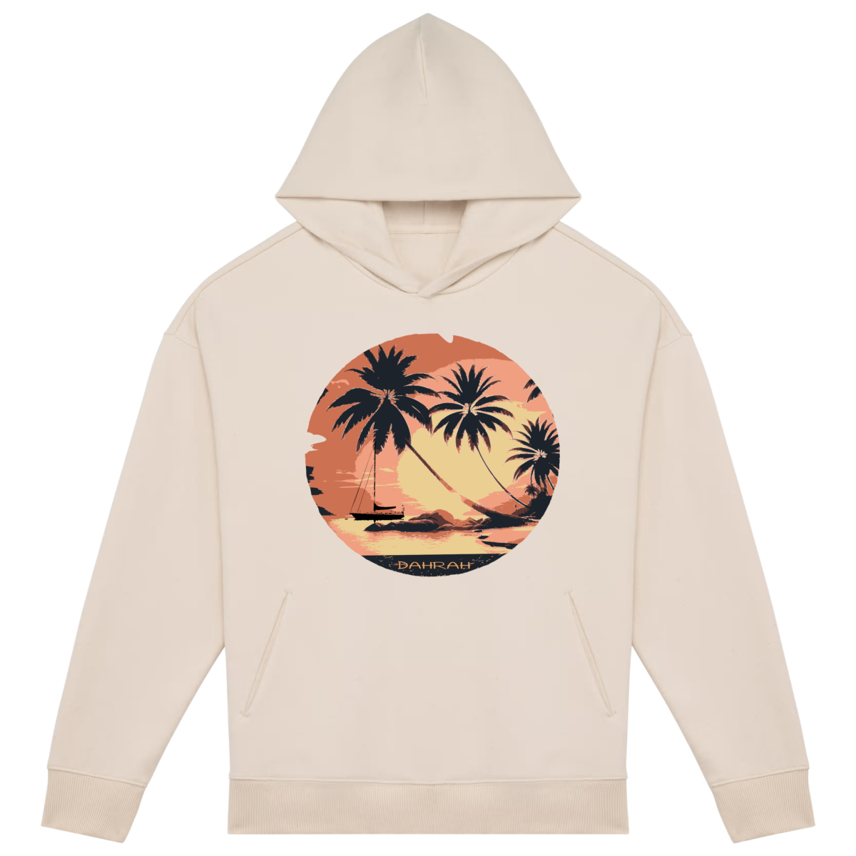 Dahrah Darah High quality oversized hoodie with print of tropical sunset with a sailboat.