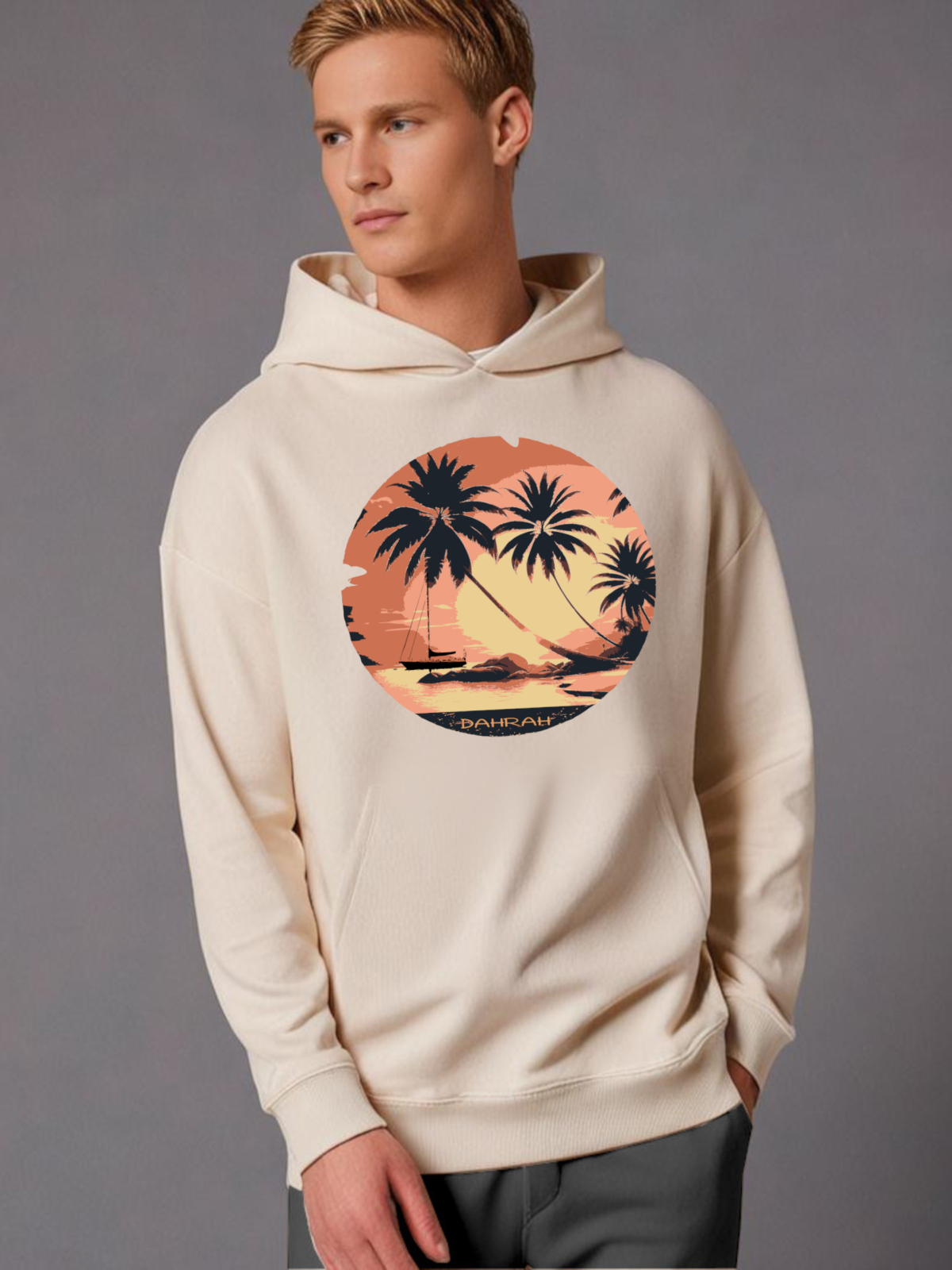 Dahrah Darah High quality oversized hoodie with print of tropical sunset with a sailboat.