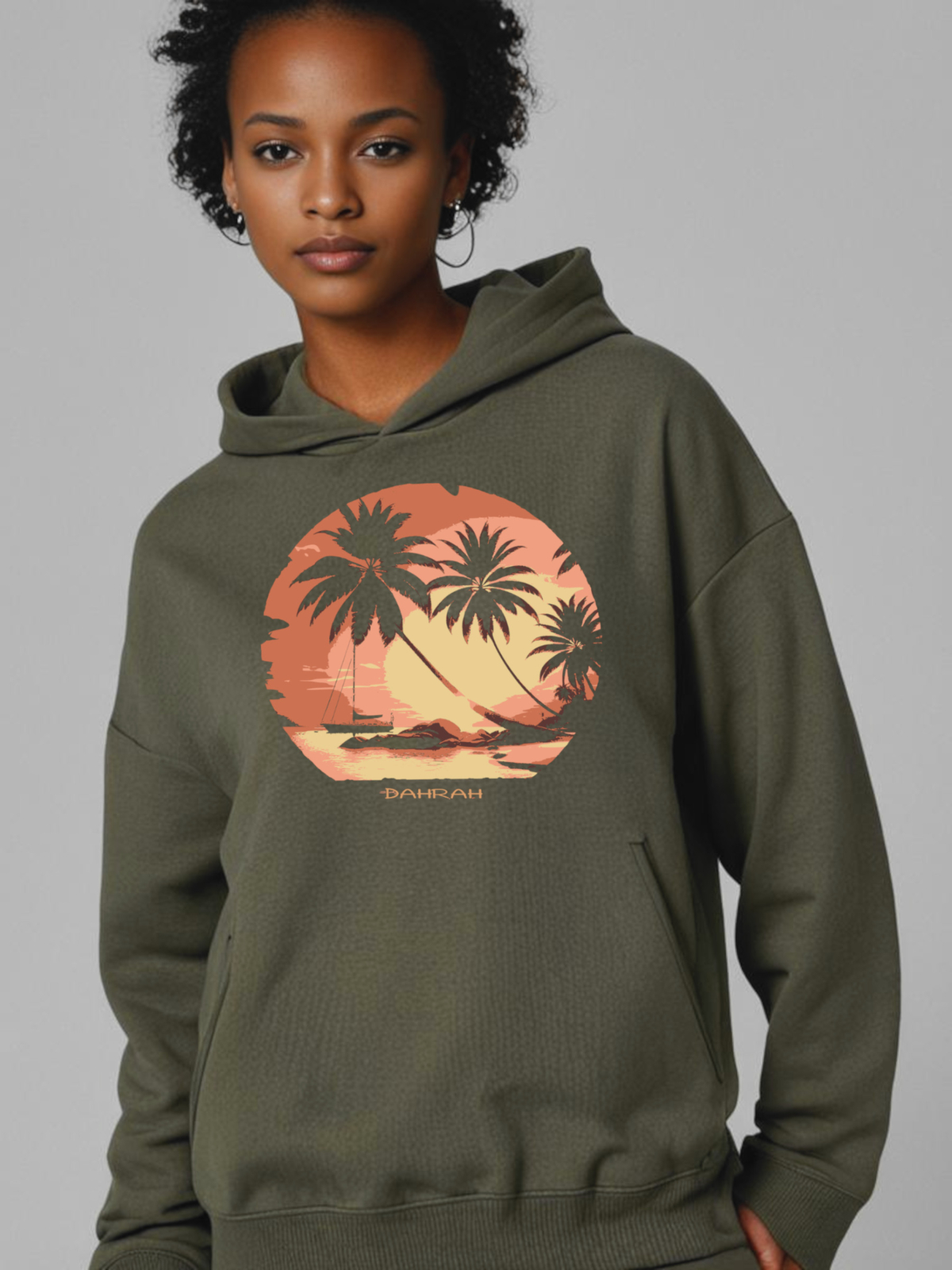 Dahrah Darah High quality oversized hoodie with print of tropical sunset with a sailboat.