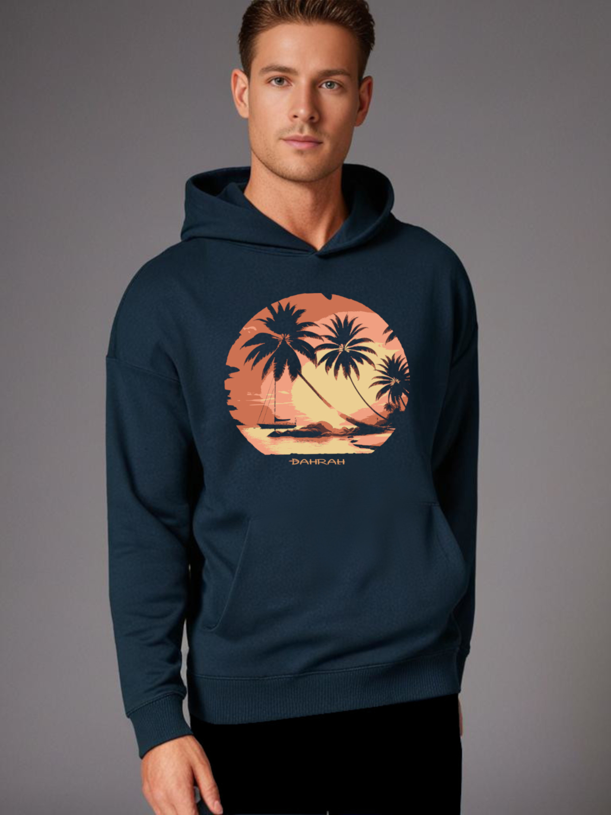 Dahrah Darah High quality oversized hoodie with print of tropical sunset with a sailboat.