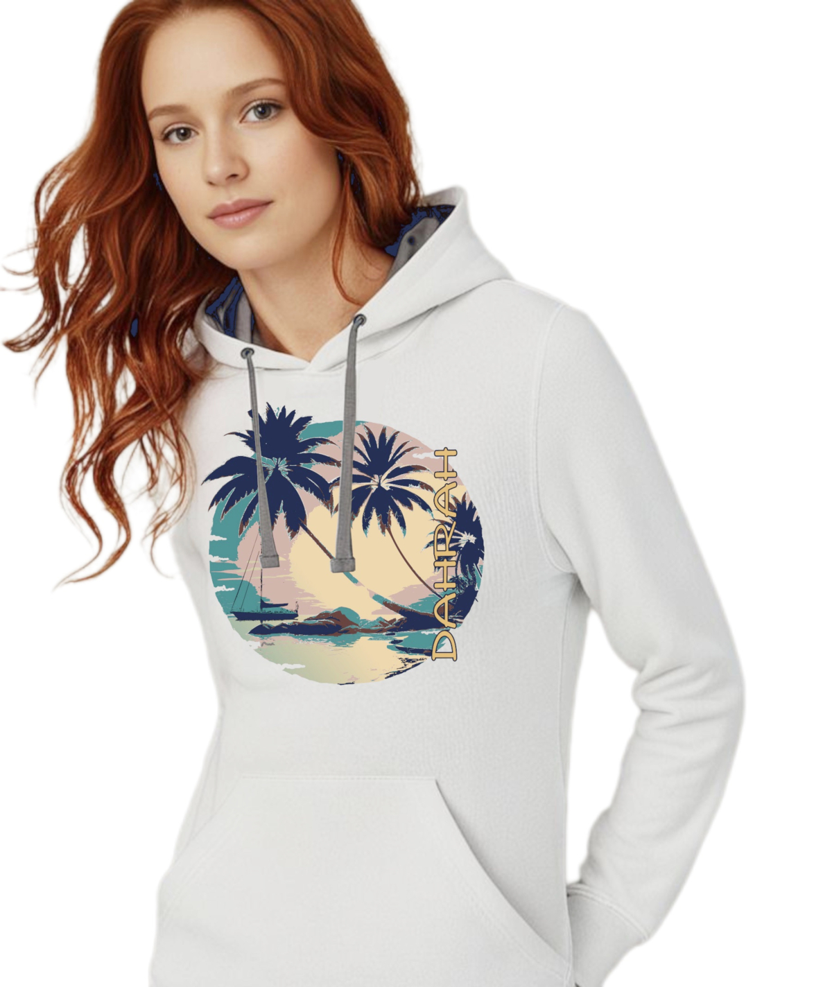 Dahrah Darah High quality hoodie with print of a sailboat and a tropical beach.