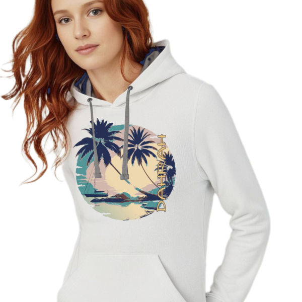 Dahrah Darah High quality hoodie with print of a sailboat and a tropical beach.