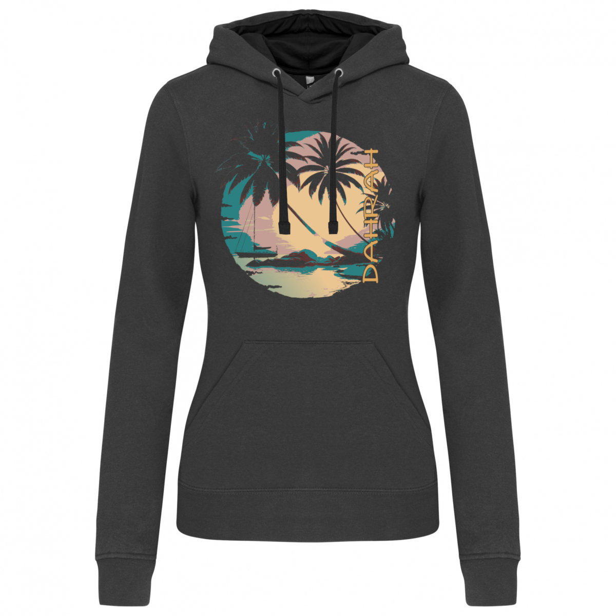 Dahrah Darah High quality hoodie with print of a sailboat and a tropical beach.