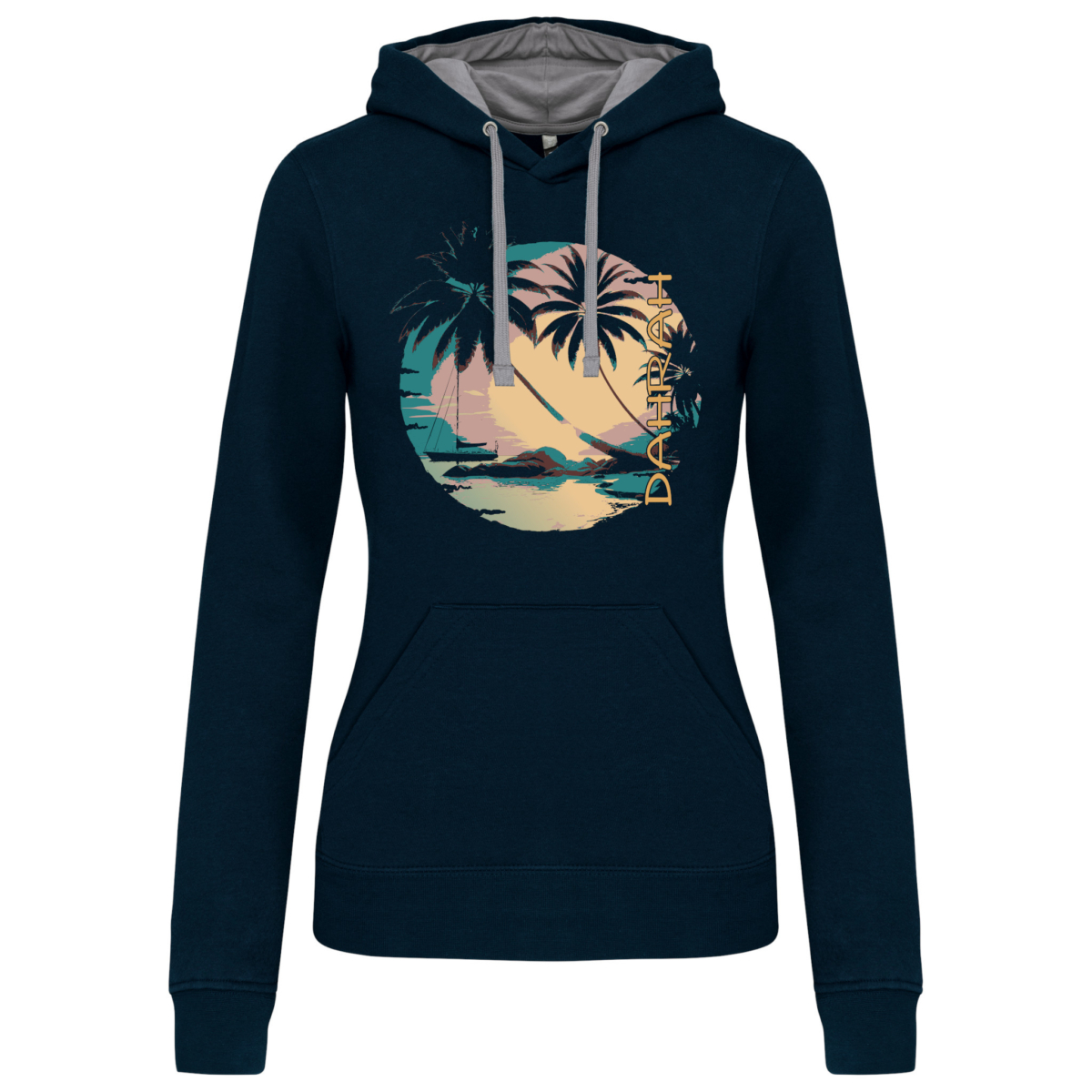 Dahrah Darah High quality hoodie with print of a sailboat and a tropical beach.