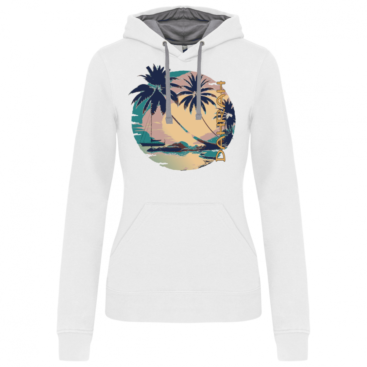 Dahrah Darah High quality hoodie with print of a sailboat and a tropical beach.