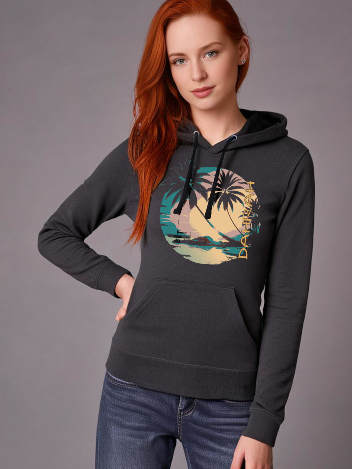 Dahrah Darah High quality hoodie with print of a sailboat and a tropical beach.