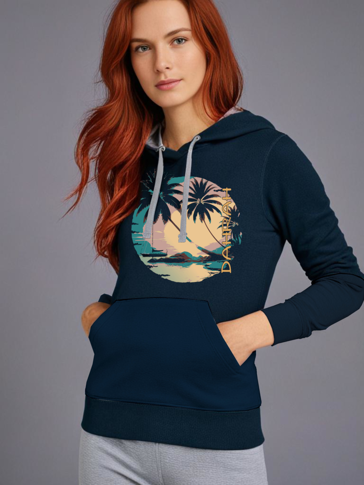 Dahrah Darah High quality hoodie with print of a sailboat and a tropical beach.