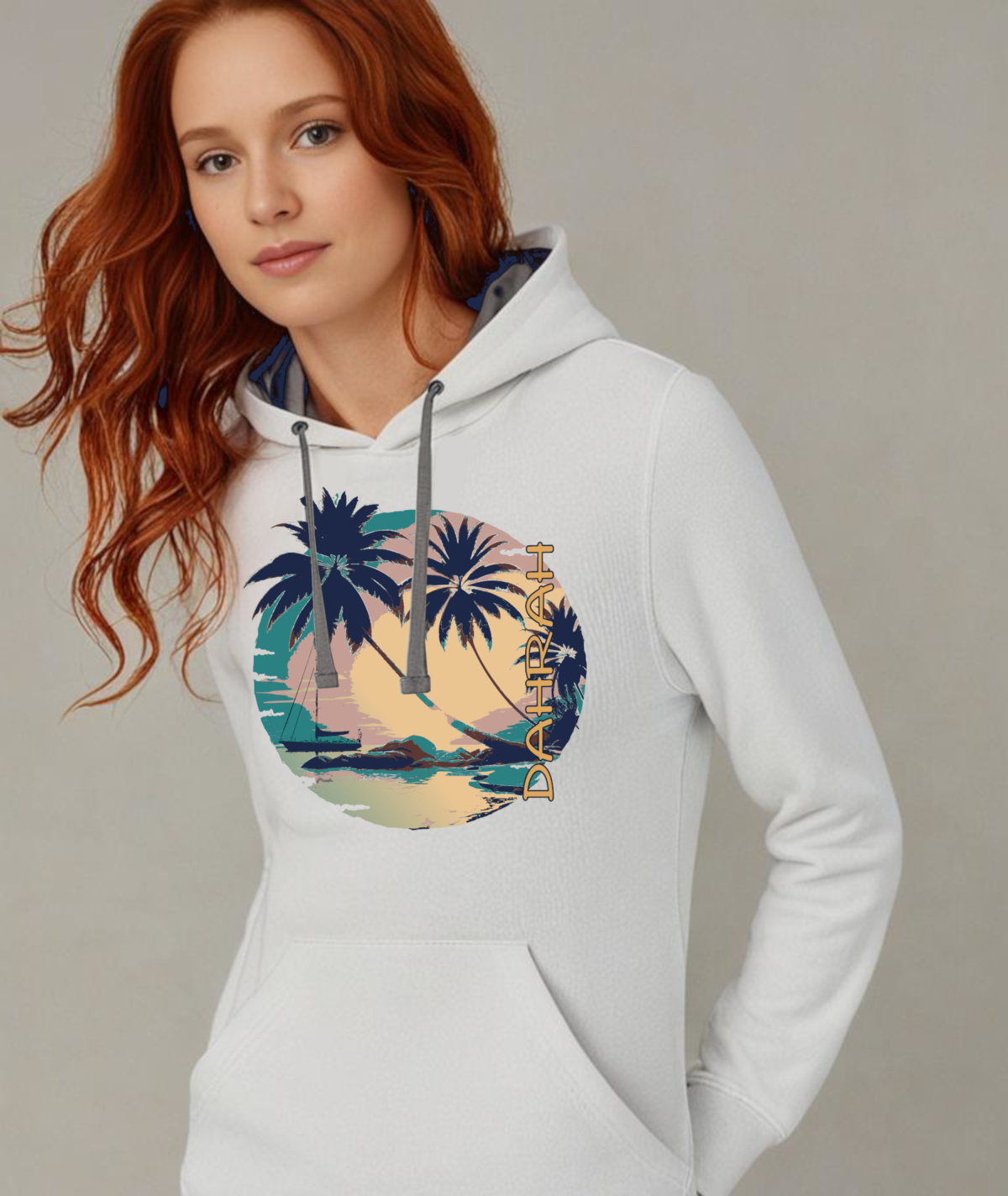 Dahrah Darah High quality hoodie with print of a sailboat and a tropical beach.